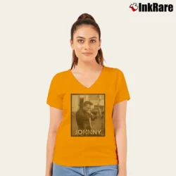 Women’s Johnny Cash Vintage Style V-Neck Tee in orange | Chic Neckline, Soft Texture