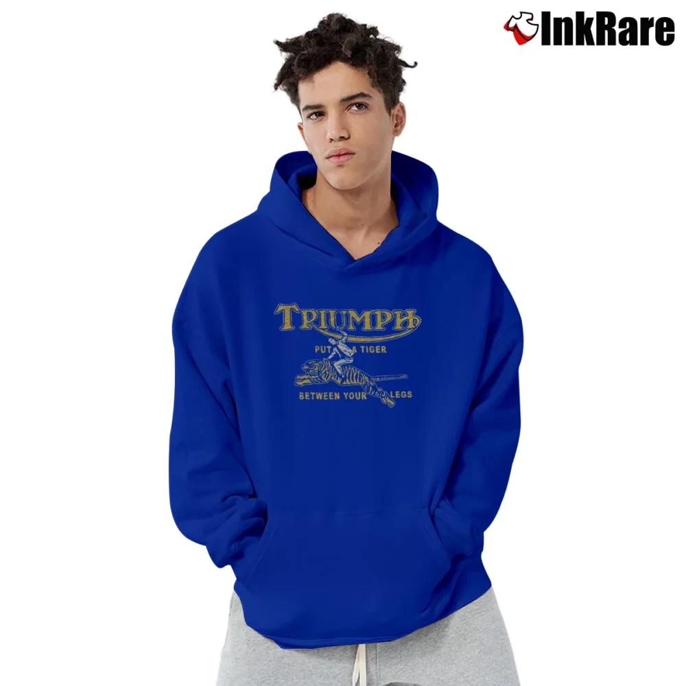 Men’s Johnson Motors Tiger Triumph Motorcycle Pullover Hoodie in royal blue | Cozy, Durable, Modern Fit