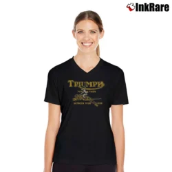 Women’s Johnson Motors Triumph Tiger Graphic V-Neck Tee in black | Chic Neckline, Soft Texture