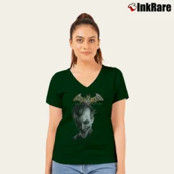 Women’s Joker Batman Arkham Asylum Comic Graphic V-Neck Tee in forest green | Chic Neckline, Soft Texture