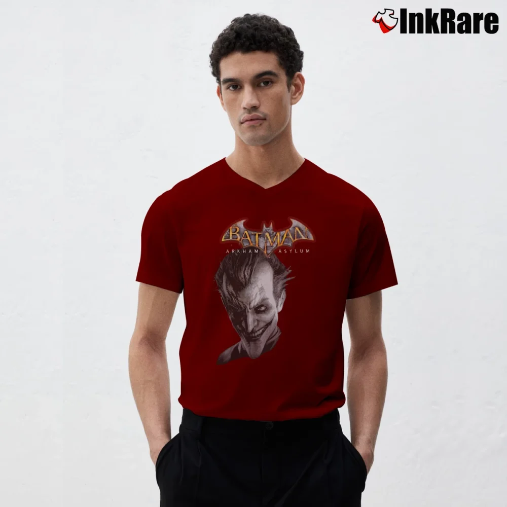 Men’s Joker Batman Arkham Asylum Comic Graphic V-Neck Tee in maroon | Sharp, Breathable, Everyday Staple