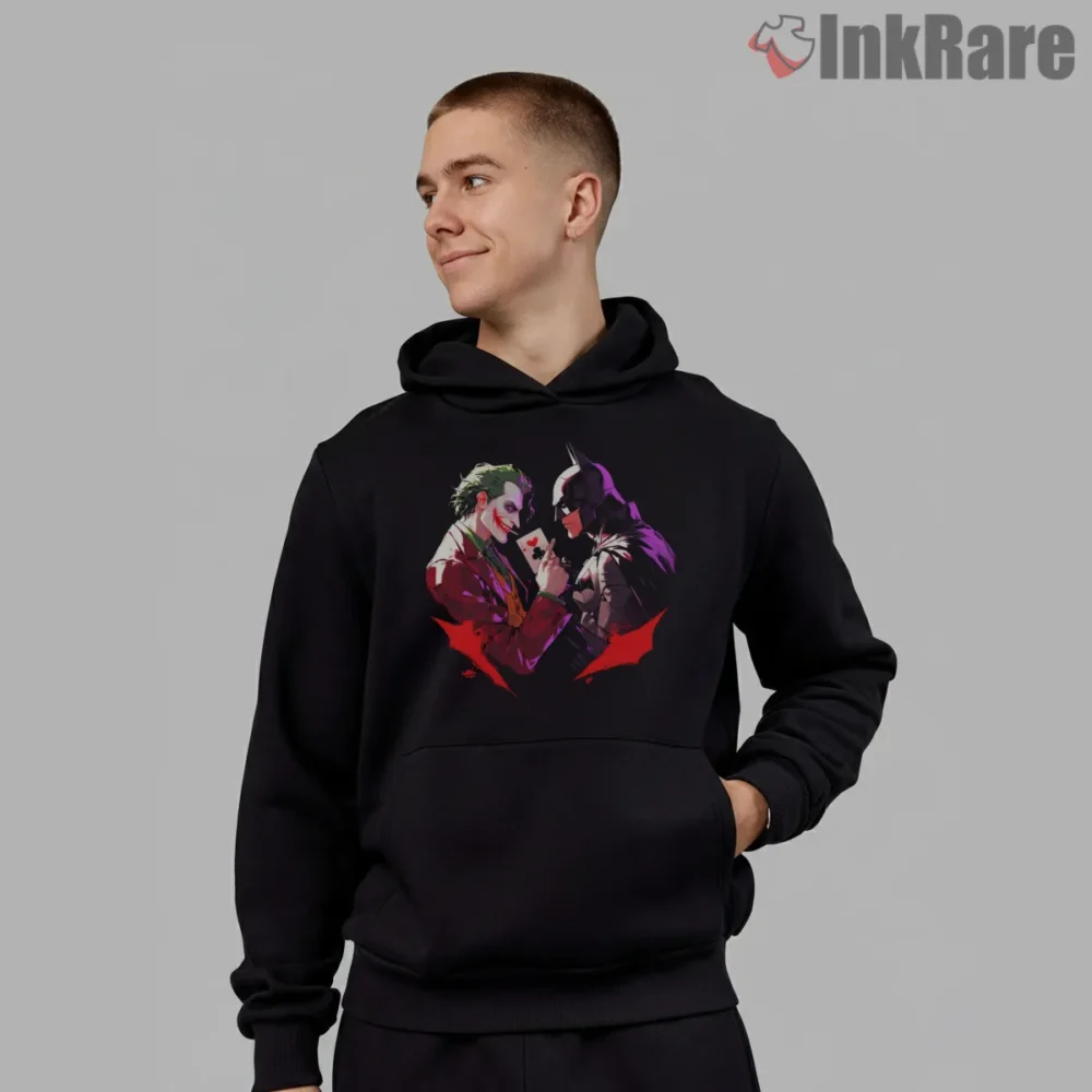Joker Card Standoff With Batman Shirt on black hoodie for men graphic tee