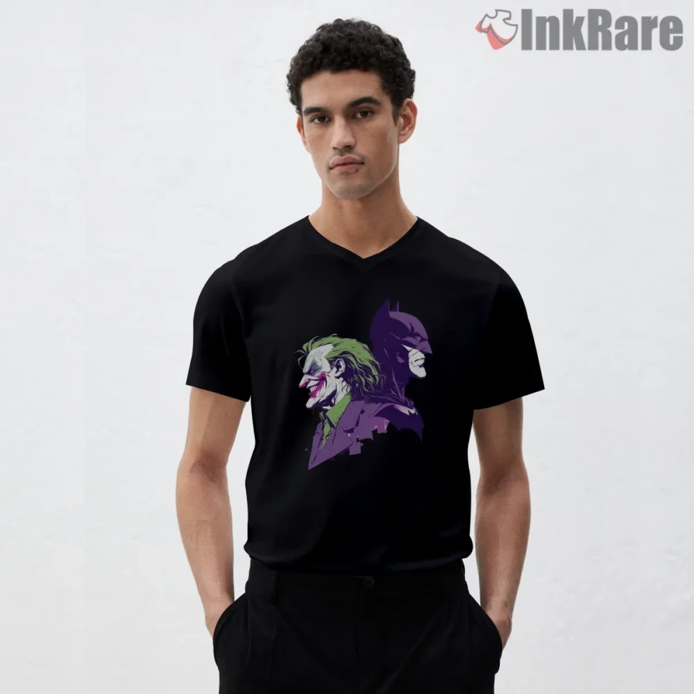 Joker Versus Batman Neon Profile Duel Shirt on black v-neck shirt for men graphic tee