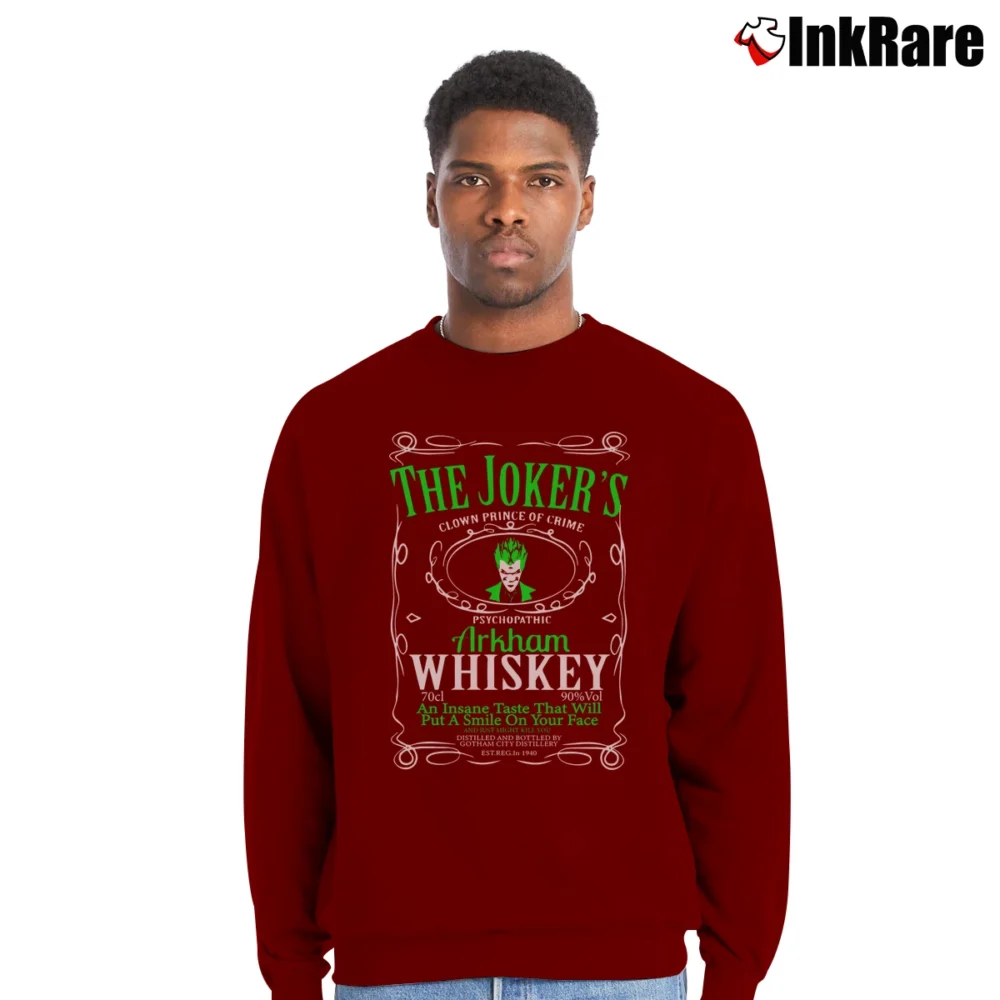 Men’s Joker Whiskey Mashup Funny Batman Graphic Crewneck Sweatshirt in maroon | Cozy Fabric, Clean Style