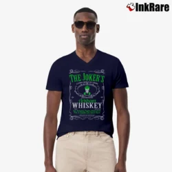 Men’s Joker Whiskey Mashup Funny Batman Graphic V-Neck Tee in navy | Sharp, Breathable, Everyday Staple