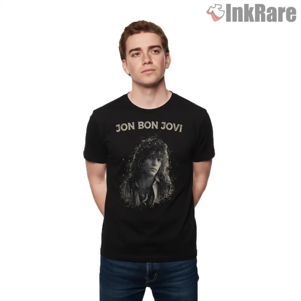 Jon Bon Jovi Black And White Portrait Classic Rock Shirt on black short sleeve shirt for men graphic tee