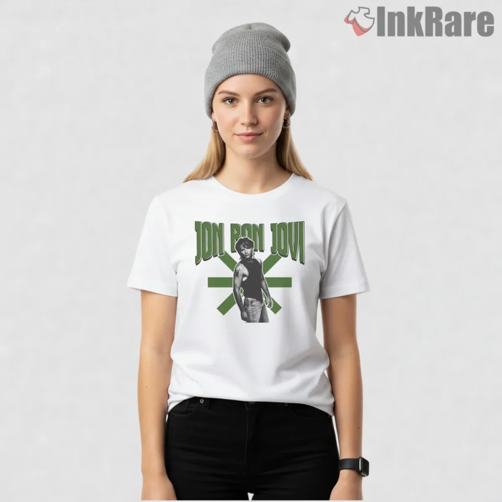 Jon Bon Jovi Green Retro Portrait Minimal Graphic Shirt on white short sleeve shirt for women graphic tee