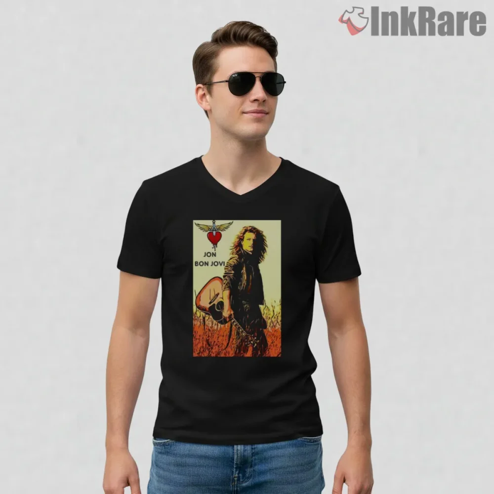Jon Bon Jovi Western Rock Legend Desert Poster Shirt on black v-neck shirt for men graphic tee