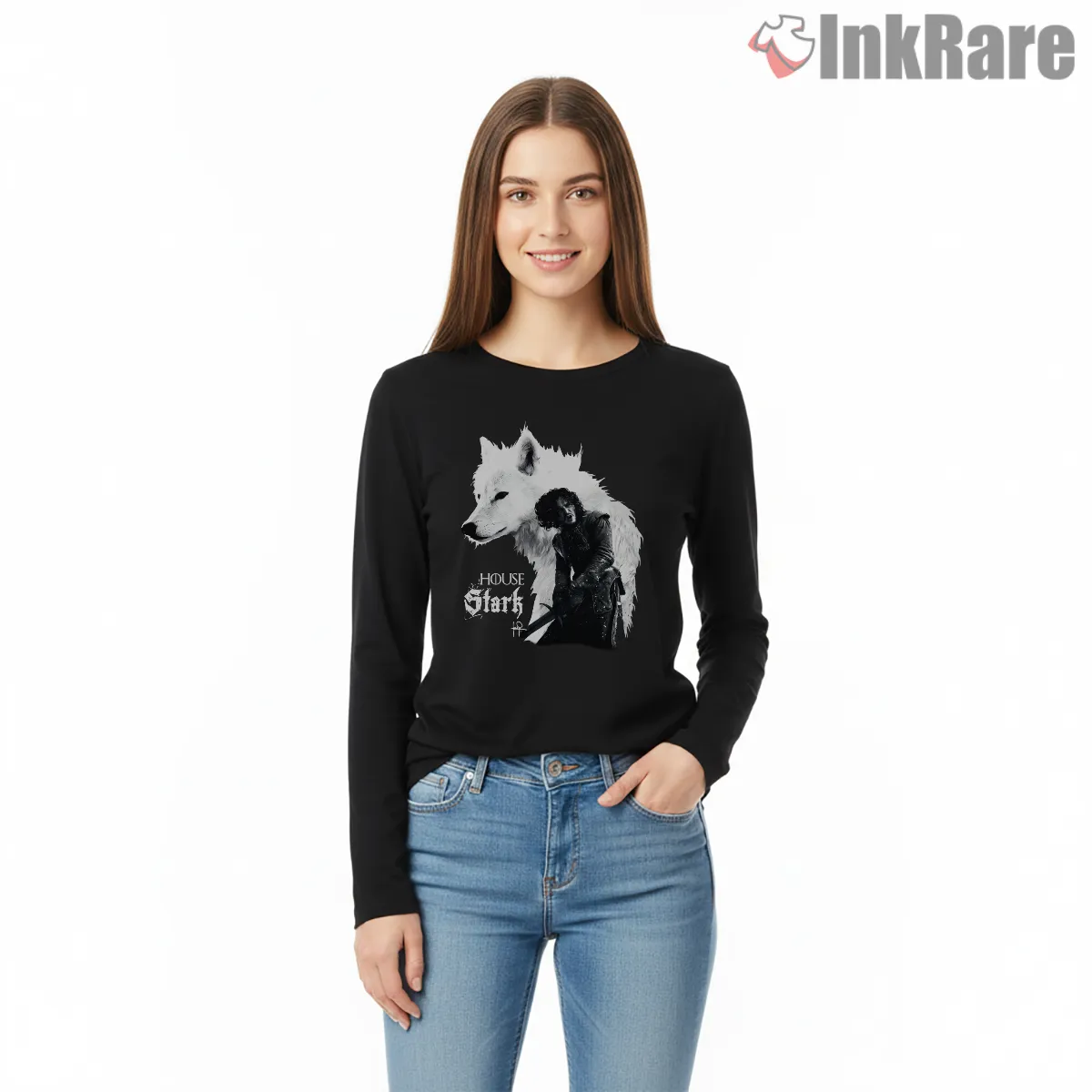 Jon Snow And Ghost Stark Loyalty Portrait Long Sleeve Black Jon Snow And Ghost Stark Loyalty Portrait Shirt on black long sleeve shirt for women graphic tee