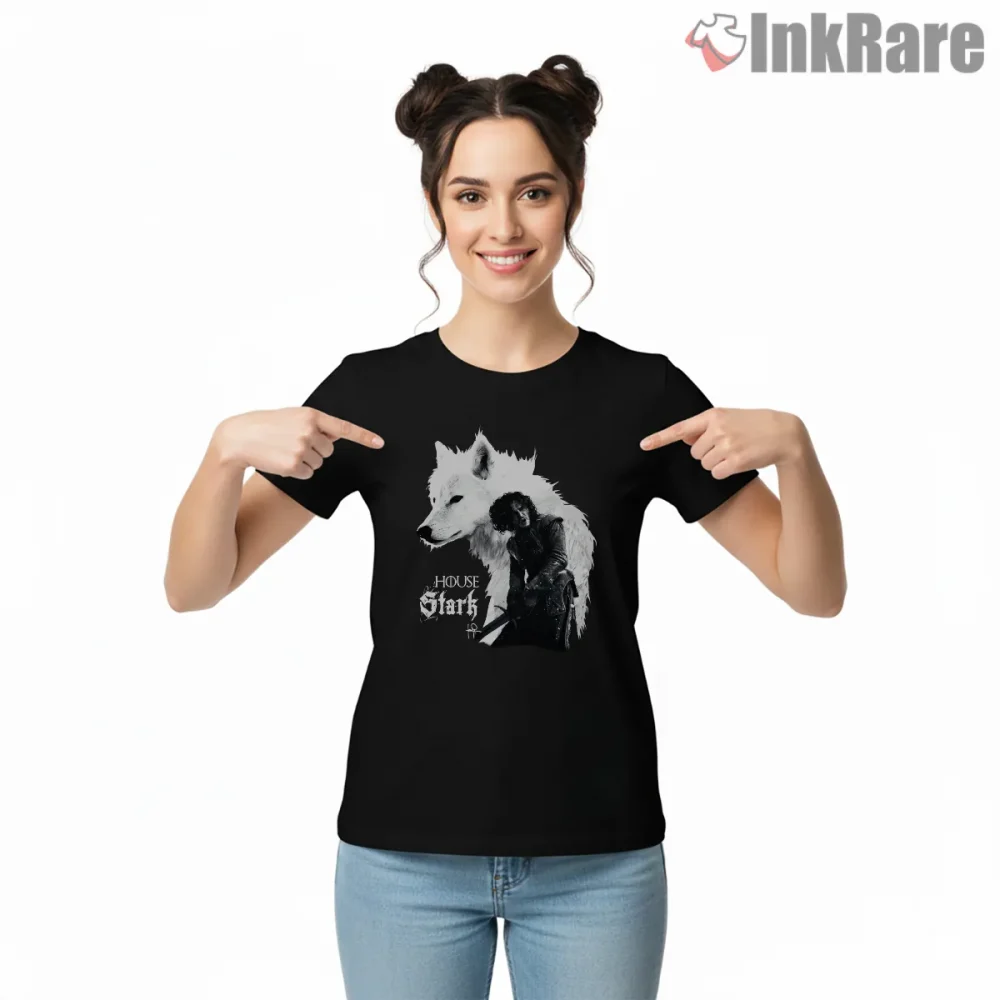 Jon Snow And Ghost Stark Loyalty Portrait Shirt on black short sleeve shirt for women graphic tee