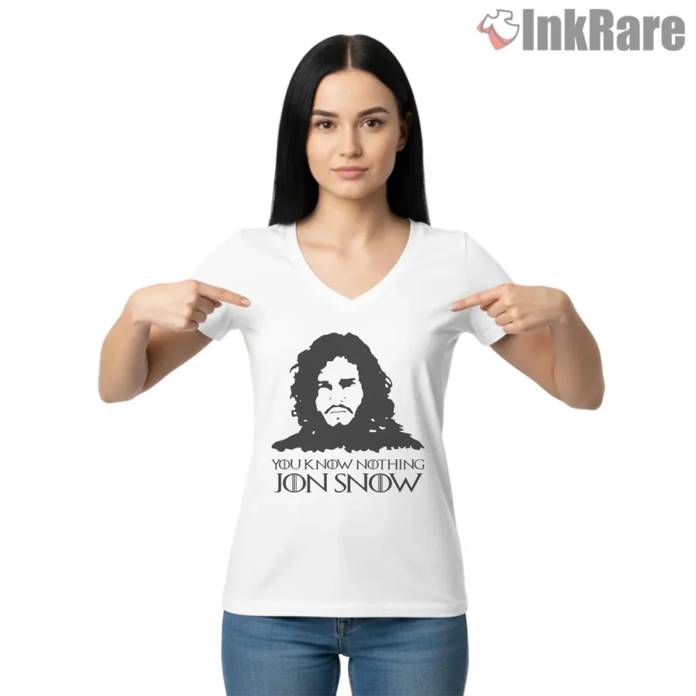 Jon Snow You Know Nothing Minimal Portrait Shirt on white v-neck shirt for women graphic tee