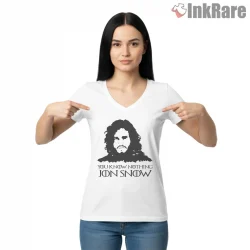 Jon Snow You Know Nothing Minimal Portrait Shirt on white v-neck shirt for women graphic tee