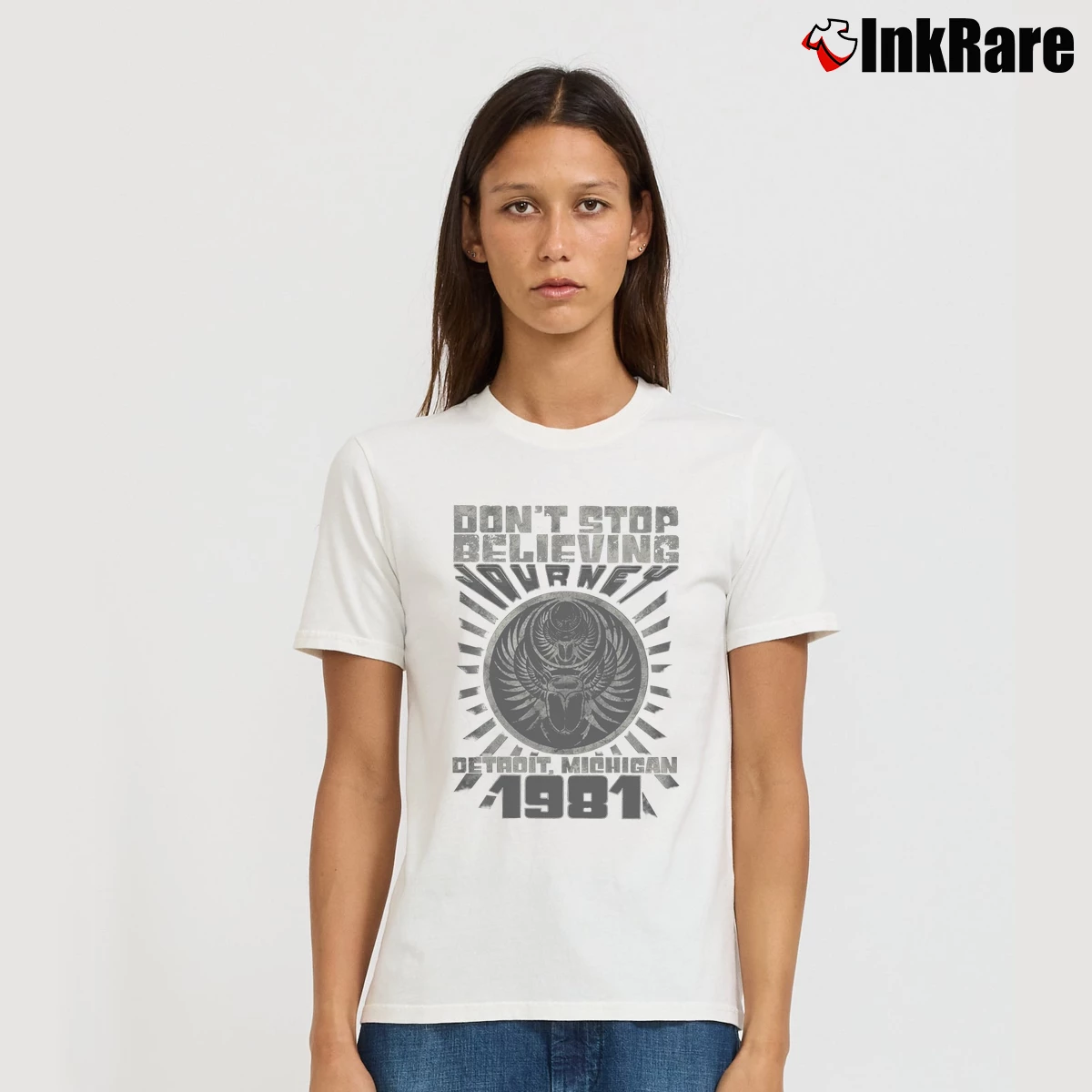 Journey Don't Stop Believin Detroit Album Women’s Signature Tee in white – Effortless Style Women’s Journey Don't Stop Believin Detroit Album Signature T-Shirt in white | Soft, Flattering Fit