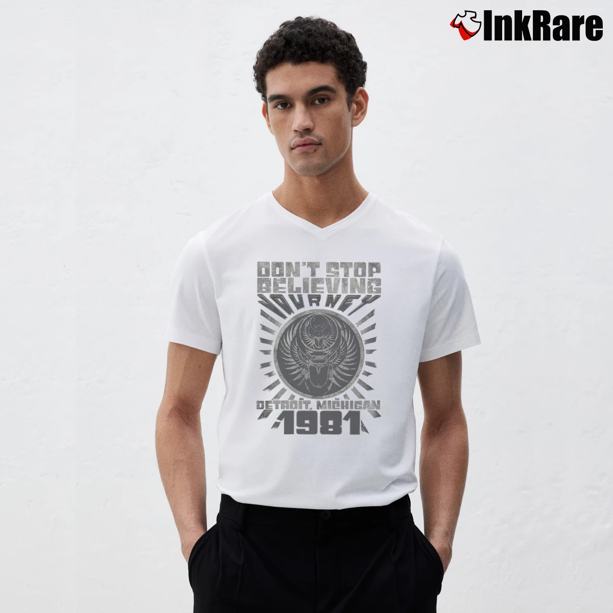 Men’s Journey Don't Stop Believin Detroit Album V-Neck Tee in white | Sharp, Breathable, Everyday Staple