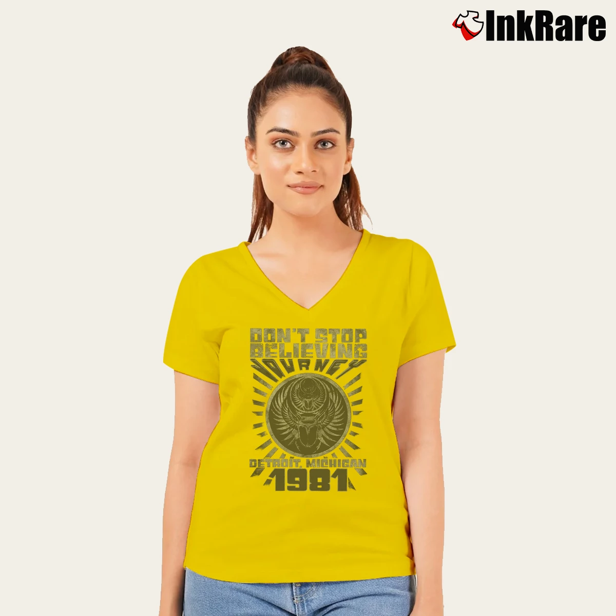 Women’s Journey Don't Stop Believin Detroit Album V-Neck Tee in yellow | Chic Neckline, Soft Texture