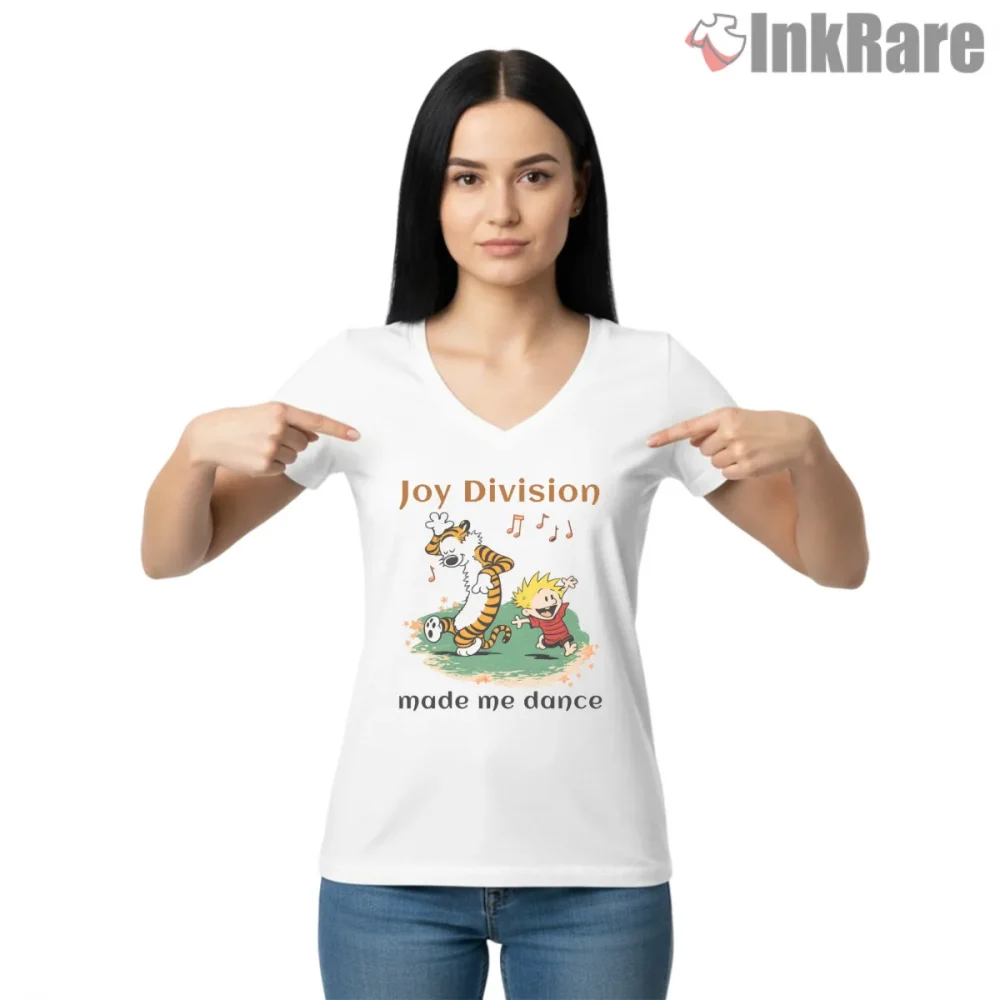 Joy Division Calvin And Hobbes Dance Crossover Shirt on white v-neck shirt for women graphic tee