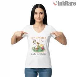 Joy Division Calvin And Hobbes Dance Crossover Shirt on white v-neck shirt for women graphic tee
