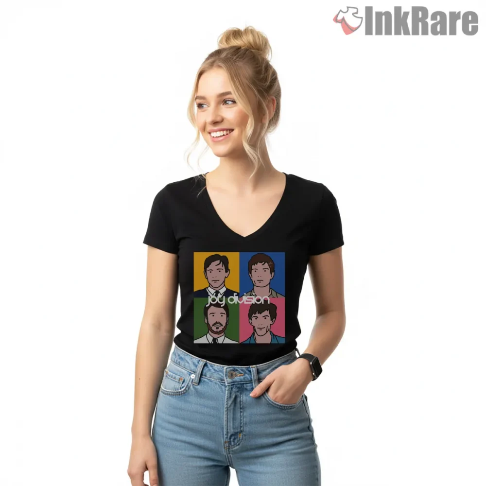 Joy Division Cartoon Pop Art Portrait Shirt on black v-neck shirt for women graphic tee