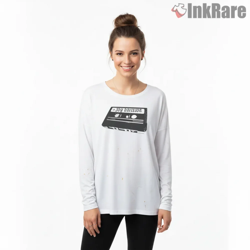 Joy Division Cassette Tape Retro Shirt on white long sleeve shirt for women graphic tee