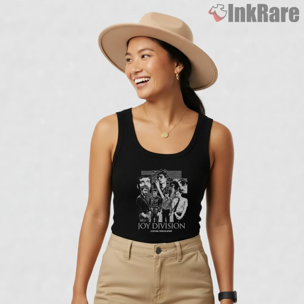 Joy Division Collage Portrait Band Shirt on black tank top for women graphic tee