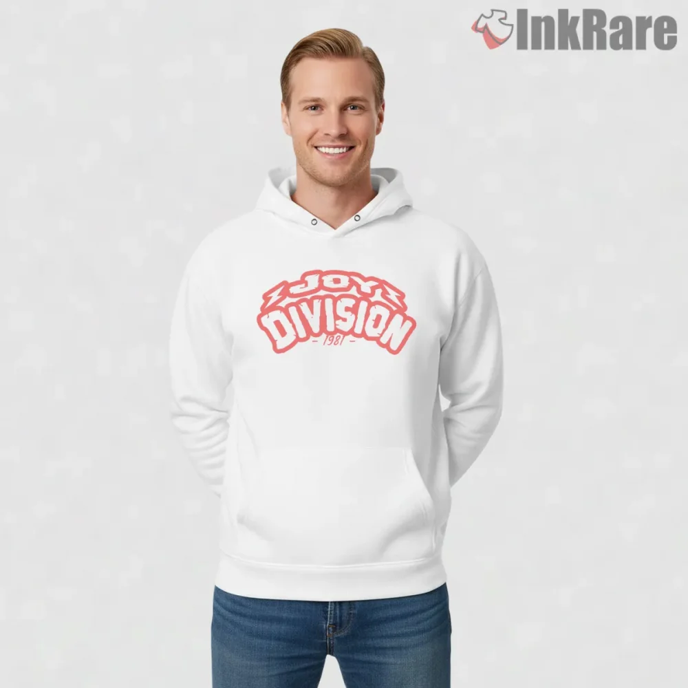 Joy Division Electric Retro Bubble Logo Shirt on white hoodie for men graphic tee