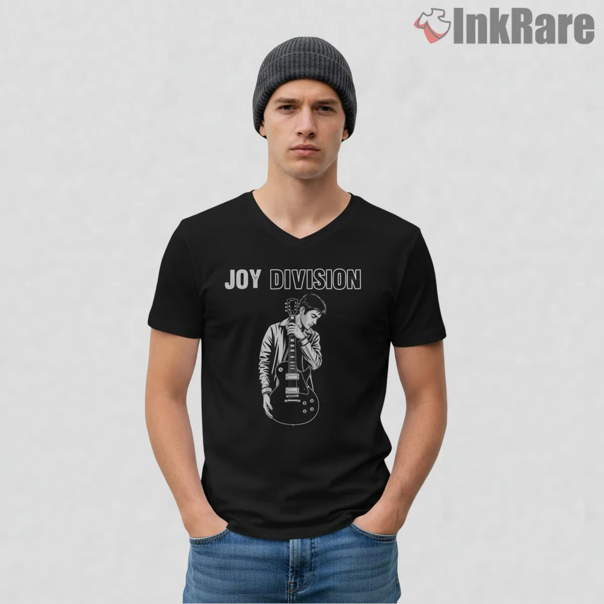 Joy Division Guitar Player Monochrome V Neck Black Joy Division Guitar Player Monochrome Shirt on black v-neck shirt for men graphic tee