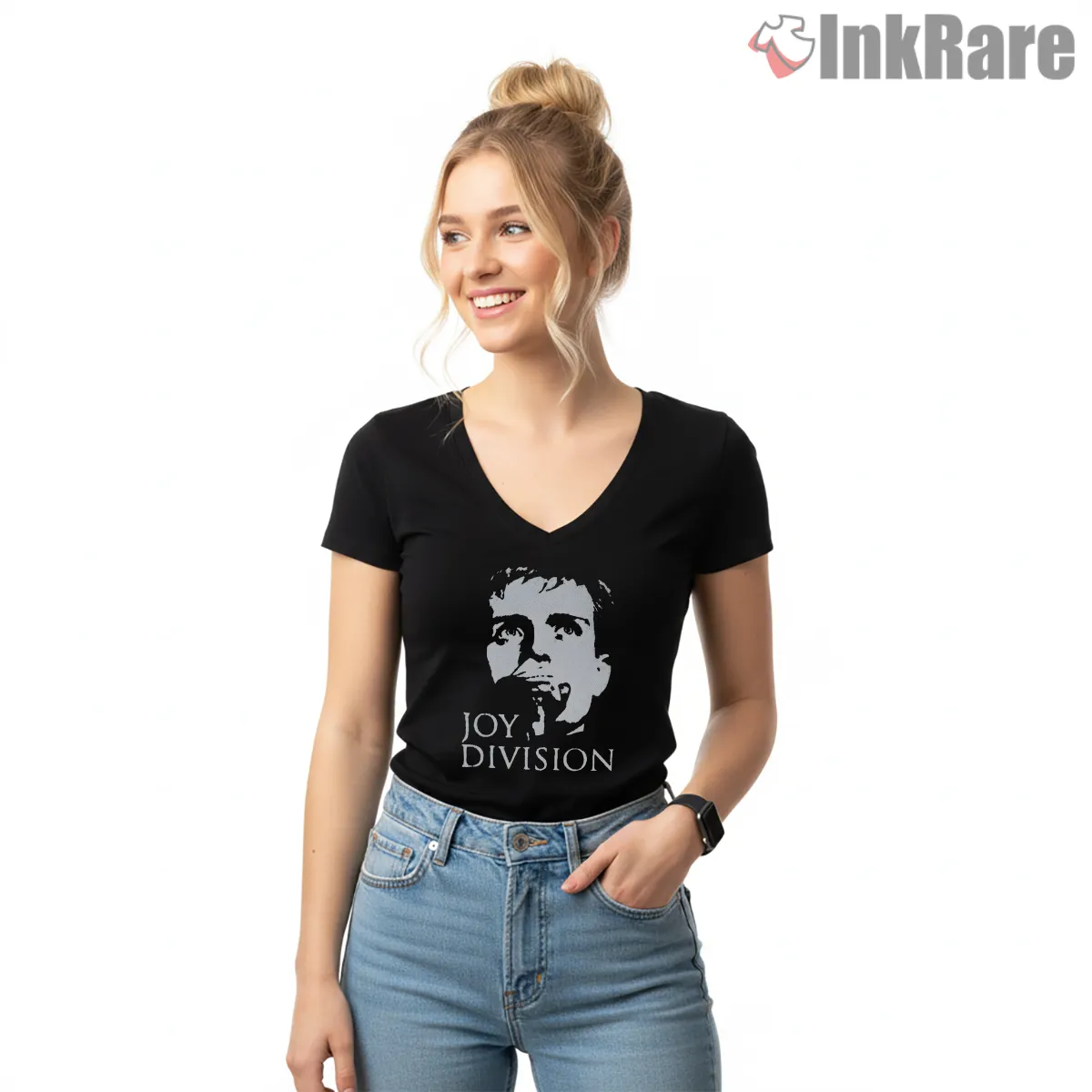 Joy Division Ian Curtis High Contrast V Neck Black Joy Division Ian Curtis High Contrast Shirt on black v-neck shirt for women graphic tee