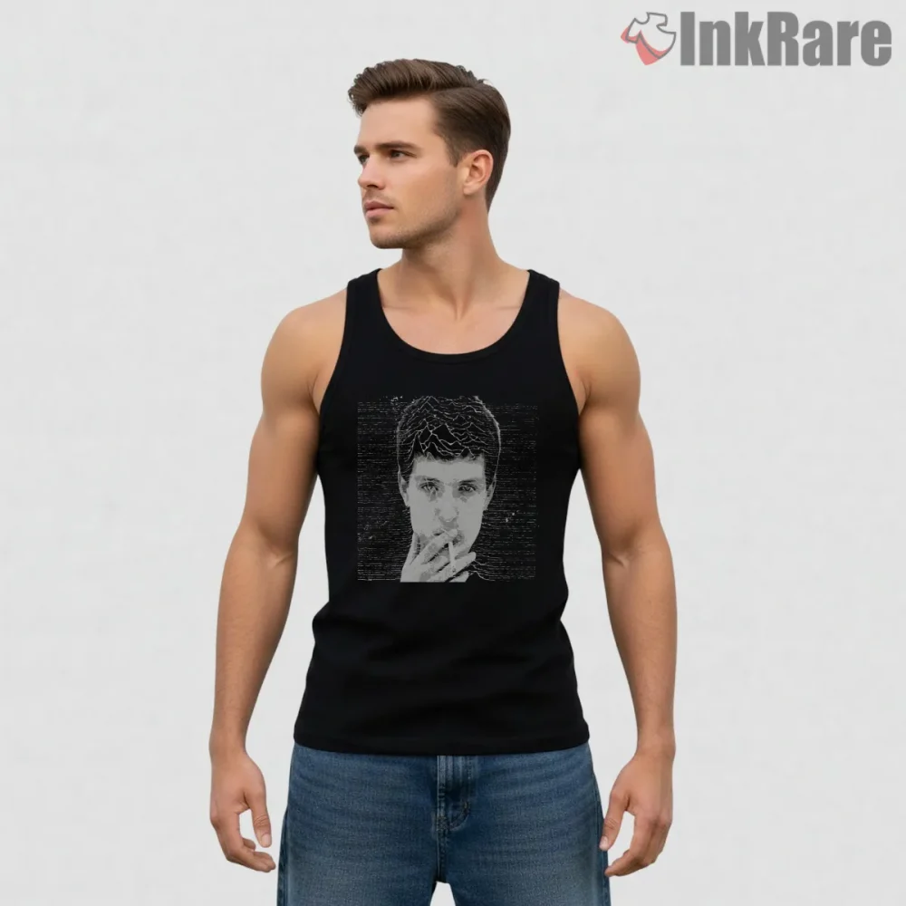 Joy Division Ian Curtis Waveform Portrait Shirt on black tank top for men graphic tee