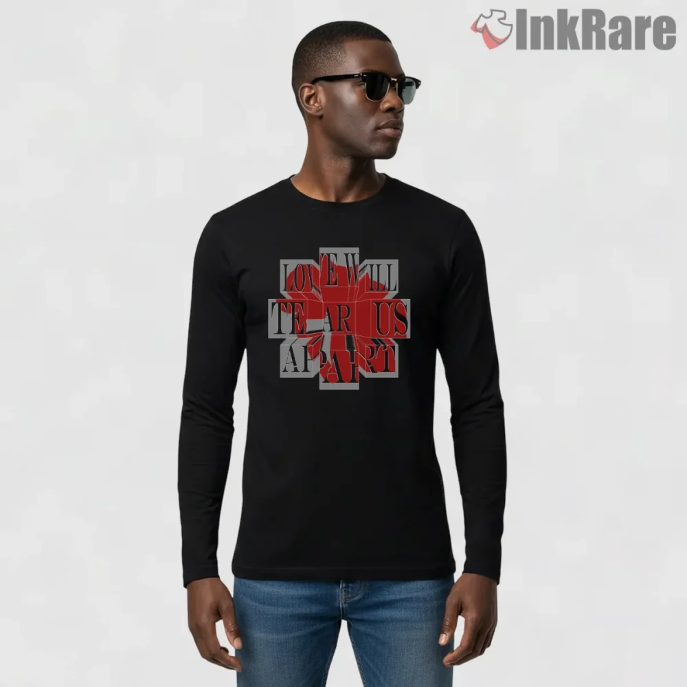 Joy Division Love Will Tear Us Apart Block Typography Shirt on black long sleeve shirt for men graphic tee