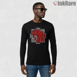 Joy Division Love Will Tear Us Apart Block Typography Shirt on black long sleeve shirt for men graphic tee
