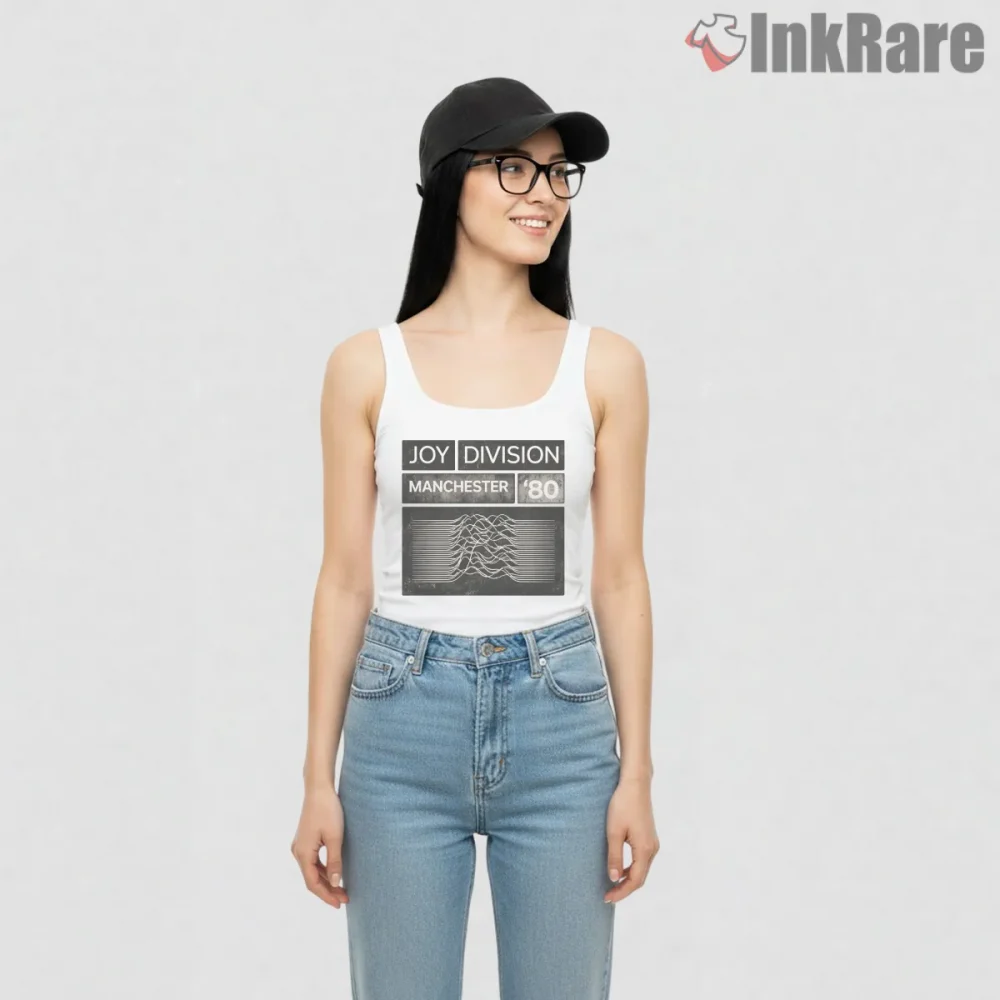 Joy Division Manchester 1980 Waveform Shirt on white tank top for women graphic tee