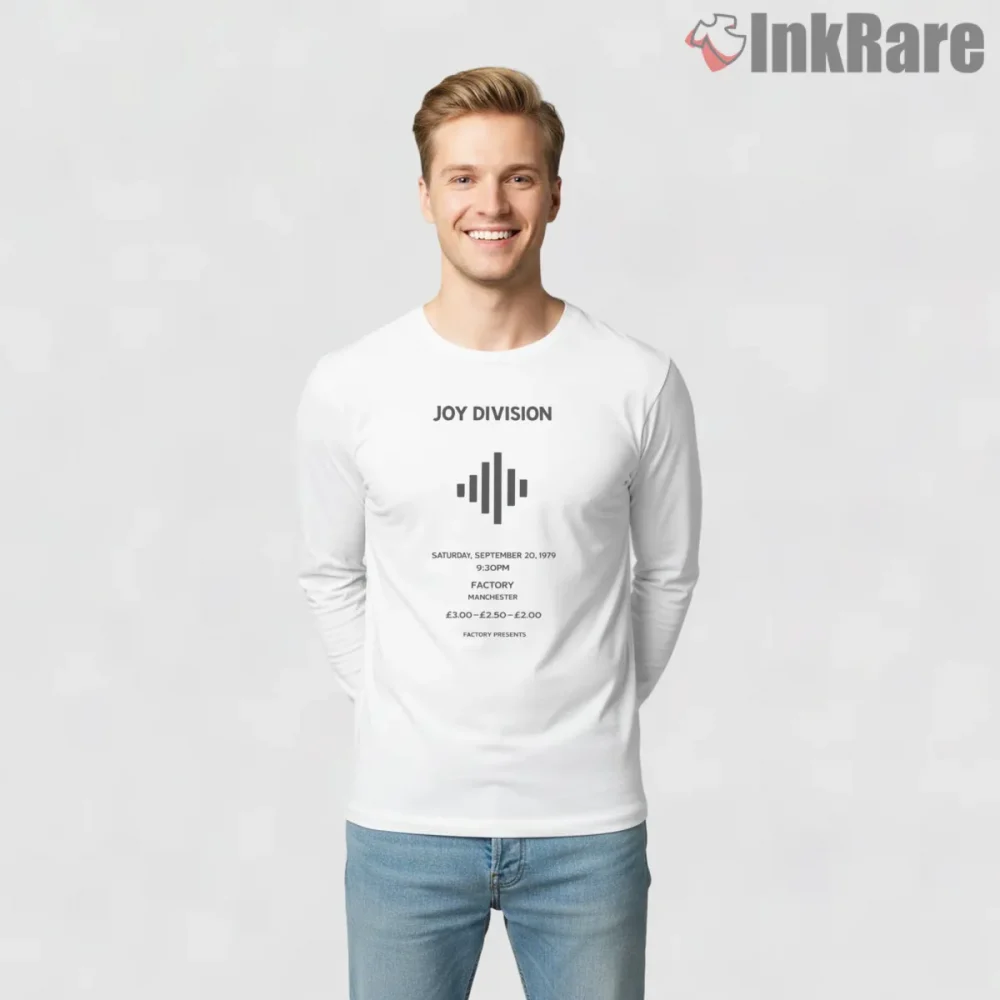 Joy Division Minimal Waveform Gig Poster Shirt on white long sleeve shirt for men graphic tee