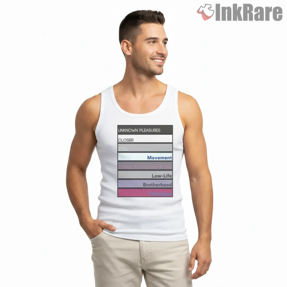 Joy Division New Order Album Stack Shirt on white tank top for men graphic tee