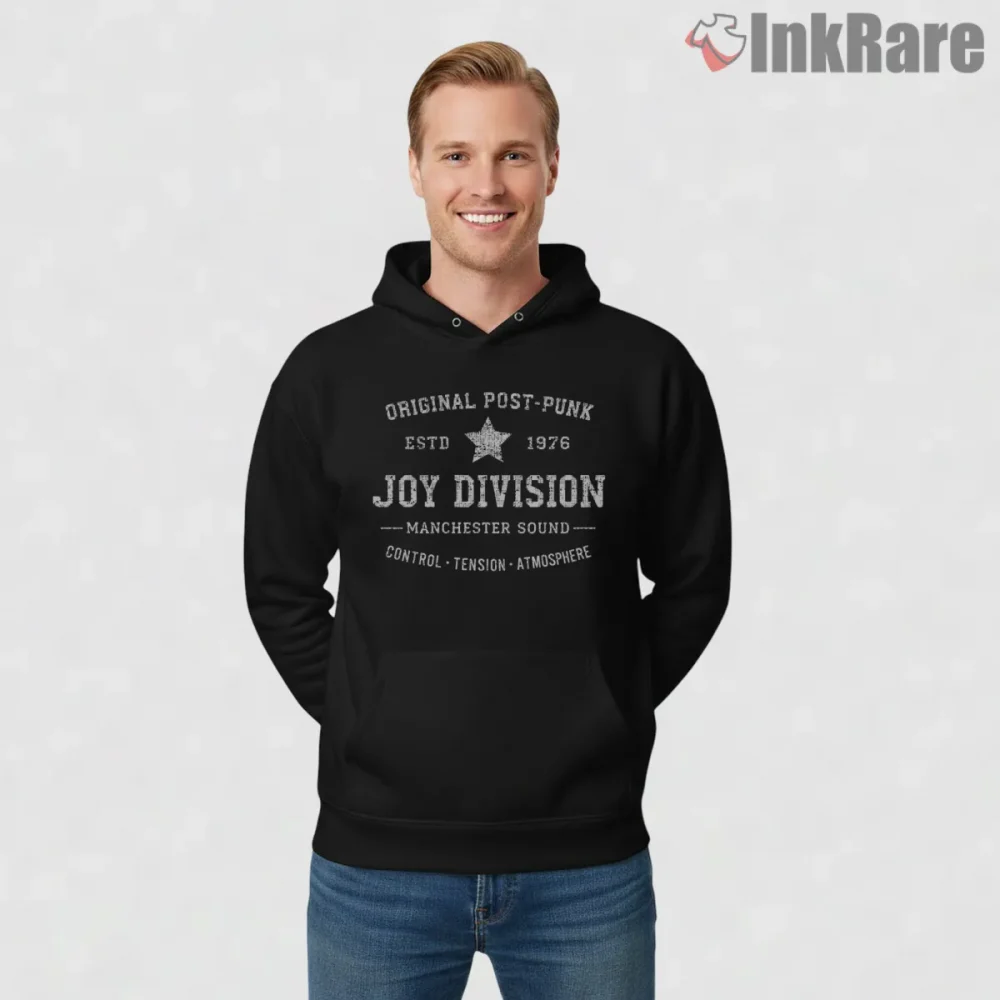 Joy Division Original Post Punk Heritage Shirt on black hoodie for men graphic tee