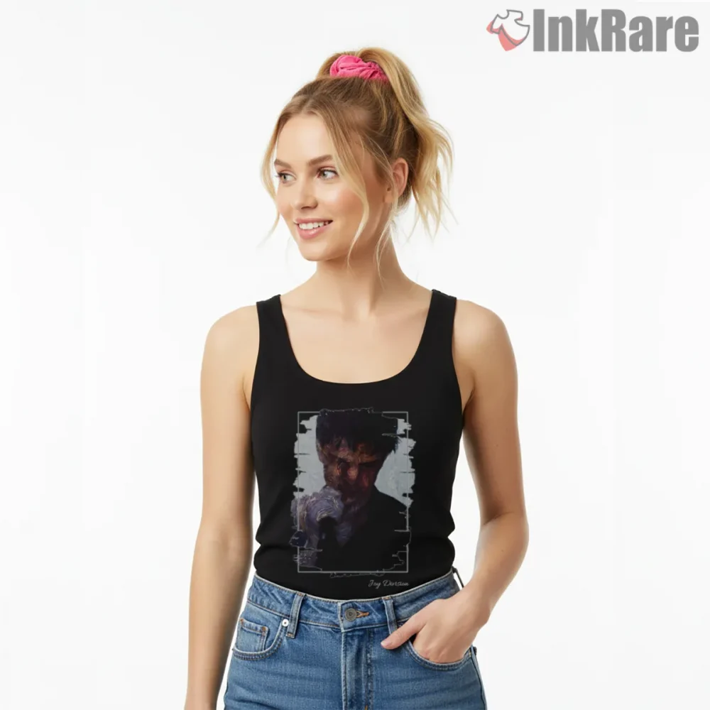 Joy Division Painted Ian Curtis Portrait Shirt on black tank top for women graphic tee