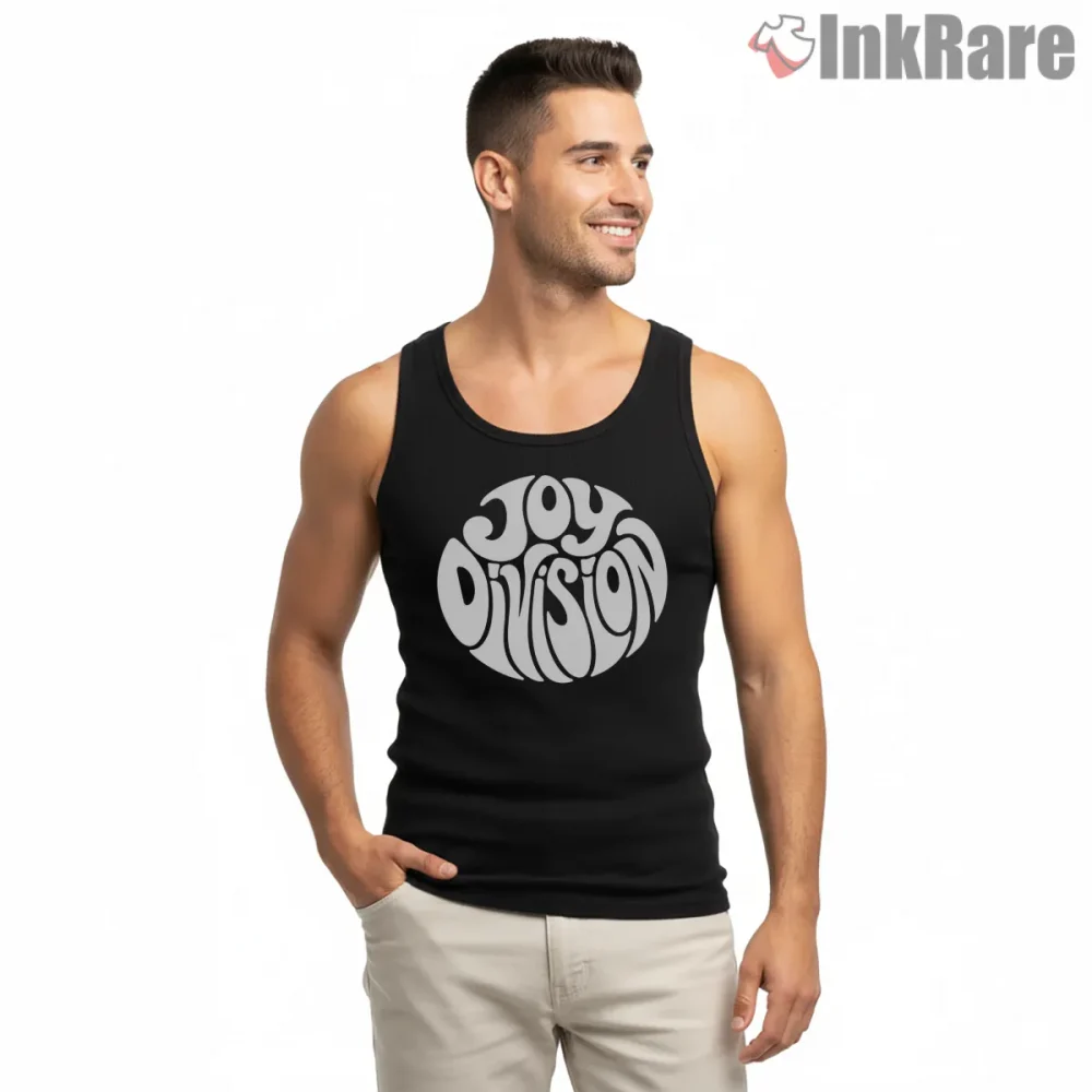 Joy Division Psychedelic Bubble Logo Shirt on black tank top for men graphic tee