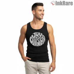 Joy Division Psychedelic Bubble Logo Shirt on black tank top for men graphic tee