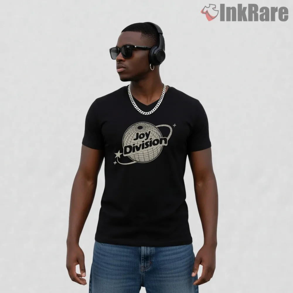 Joy Division Retro Disco Globe Shirt on black v-neck shirt for men graphic tee