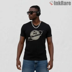 Joy Division Retro Disco Globe Shirt on black v-neck shirt for men graphic tee