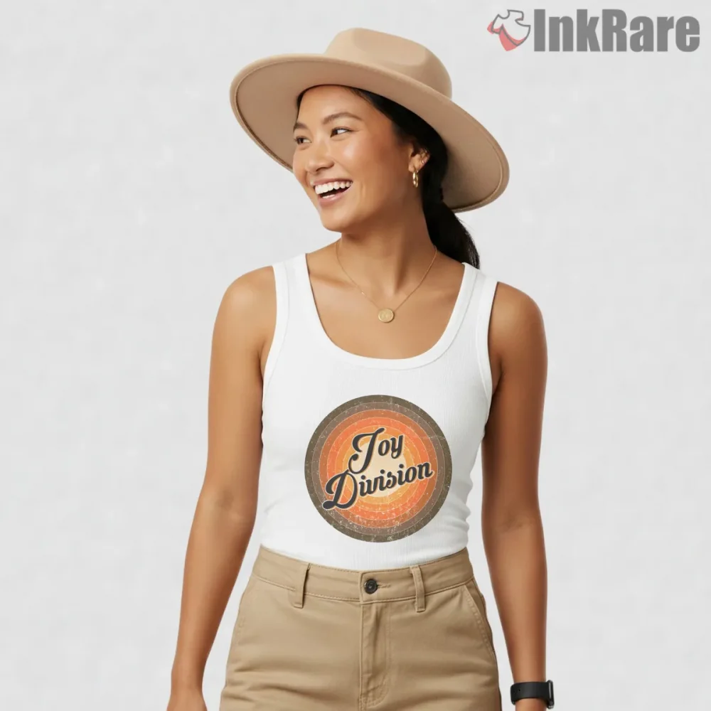 Joy Division Retro Sunset Circle Shirt on white tank top for women graphic tee