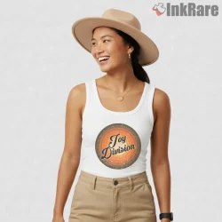 Joy Division Retro Sunset Circle Shirt on white tank top for women graphic tee
