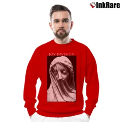Men’s Joy Division The Veiled Virgin Design Crewneck Sweatshirt in red | Cozy Fabric, Clean Style
