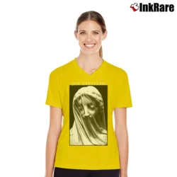 Women’s Joy Division The Veiled Virgin Design V-Neck Tee in yellow | Chic Neckline, Soft Texture