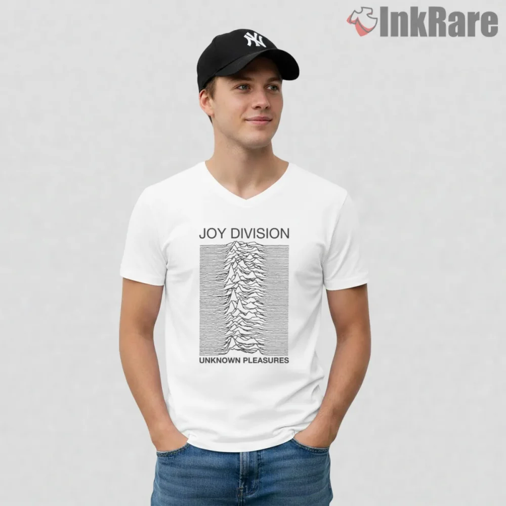 Joy Division Unknown Pleasures Classic Shirt on white v-neck shirt for men graphic tee