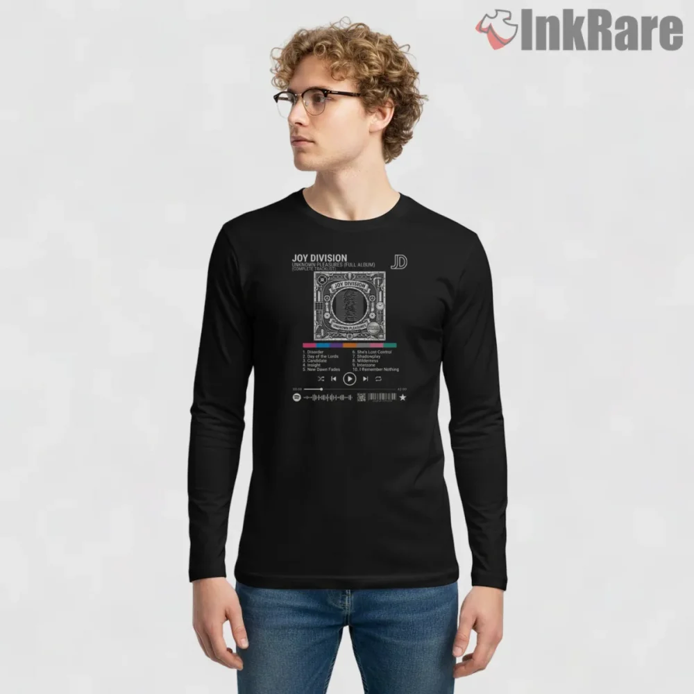 Joy Division Unknown Pleasures Music Player Shirt on black long sleeve shirt for men graphic tee