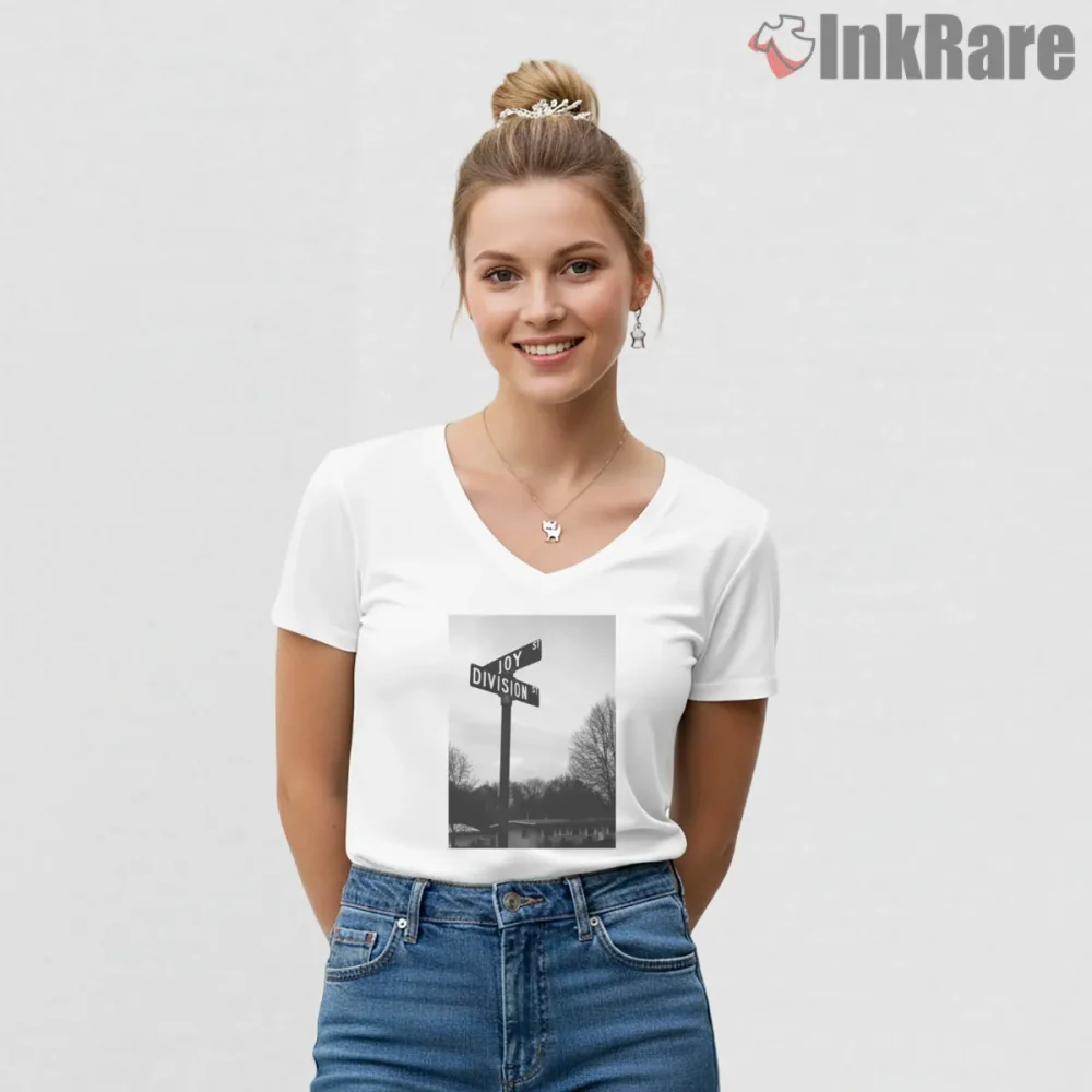 Joy Division Vintage Street Sign Shirt on white v-neck shirt for women graphic tee