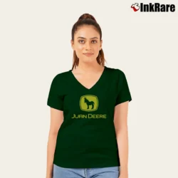 Women’s Juan Deere Funny Spoof Green V-Neck Tee in forest green | Chic Neckline, Soft Texture