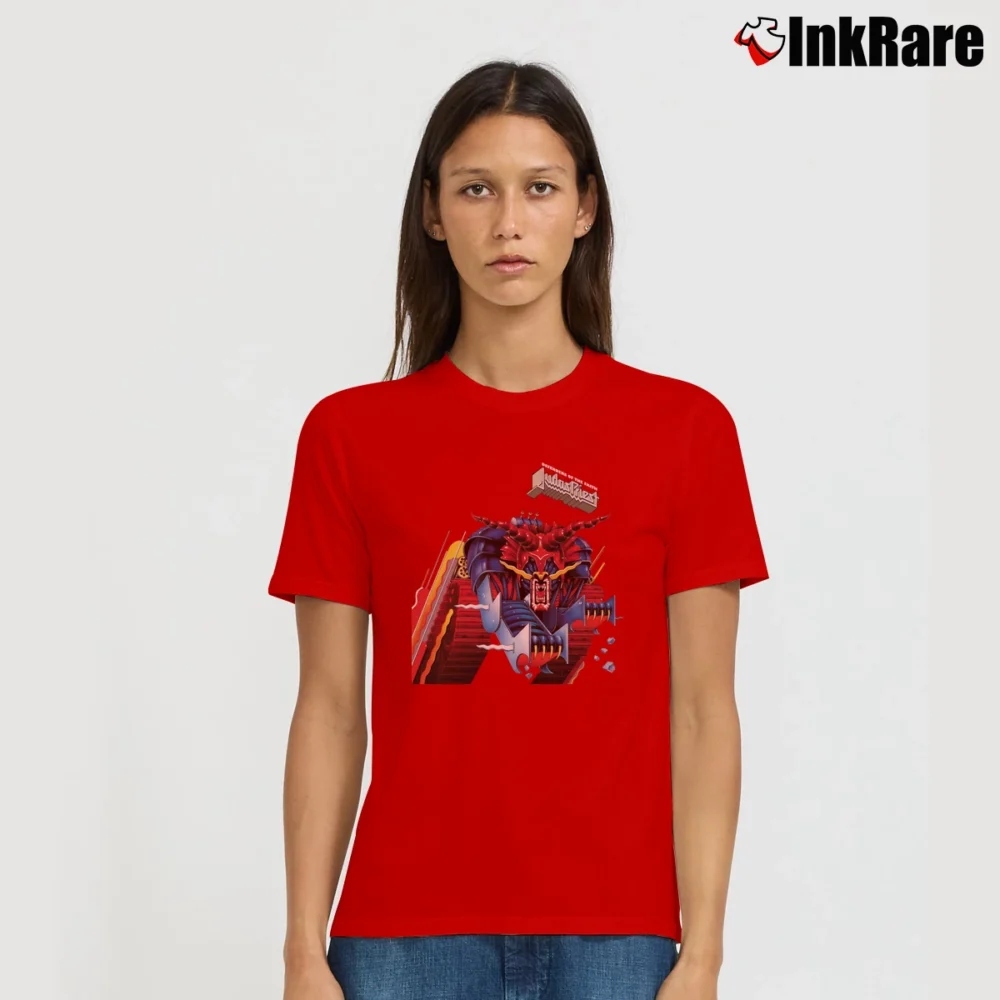 Women’s Judas Priest Defenders Of The Faith Band Signature T-Shirt in red | Soft, Flattering Fit