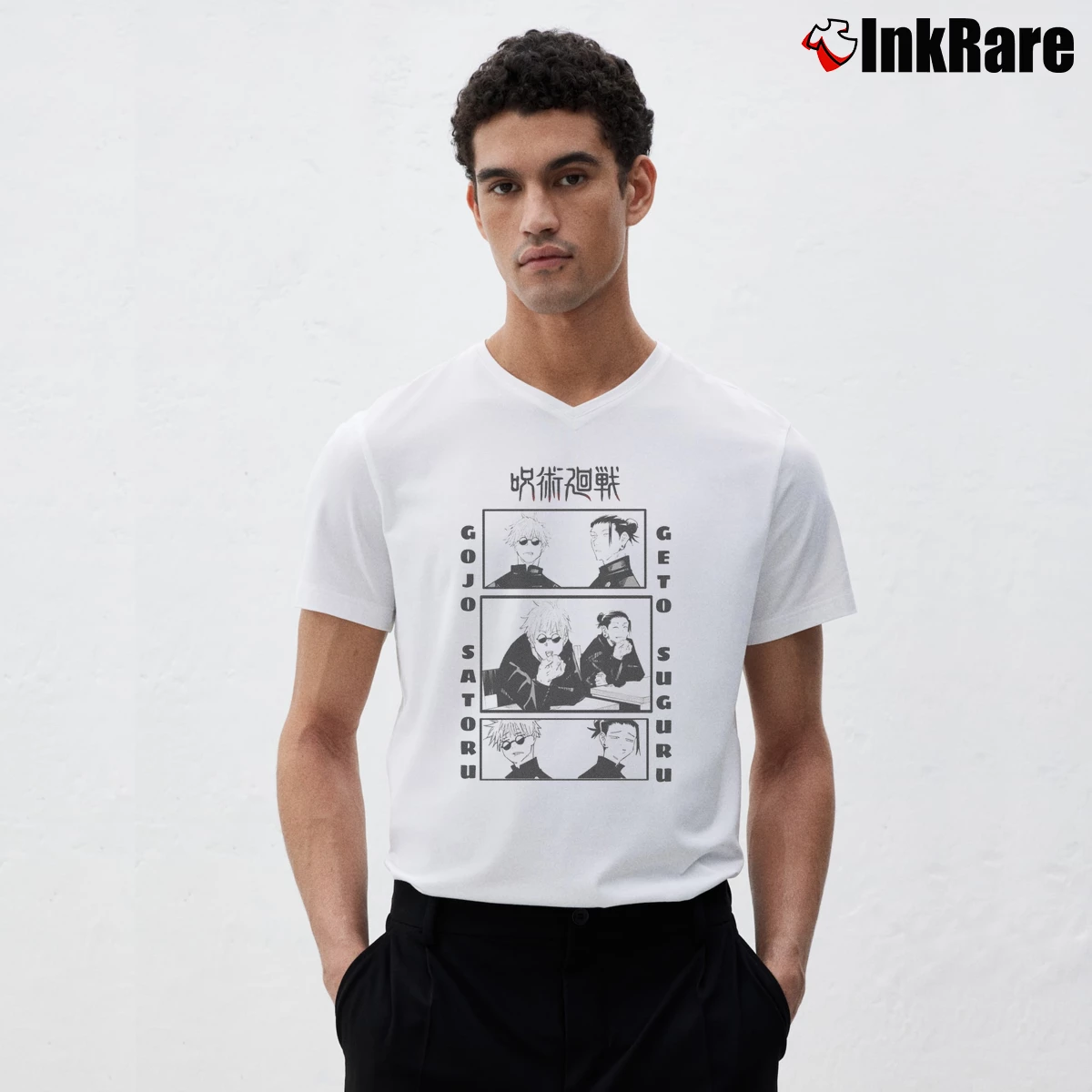 Men’s Jujutsu Kaisen Gojo And Geto V-Neck Tee in white | Sharp, Breathable, Everyday Staple