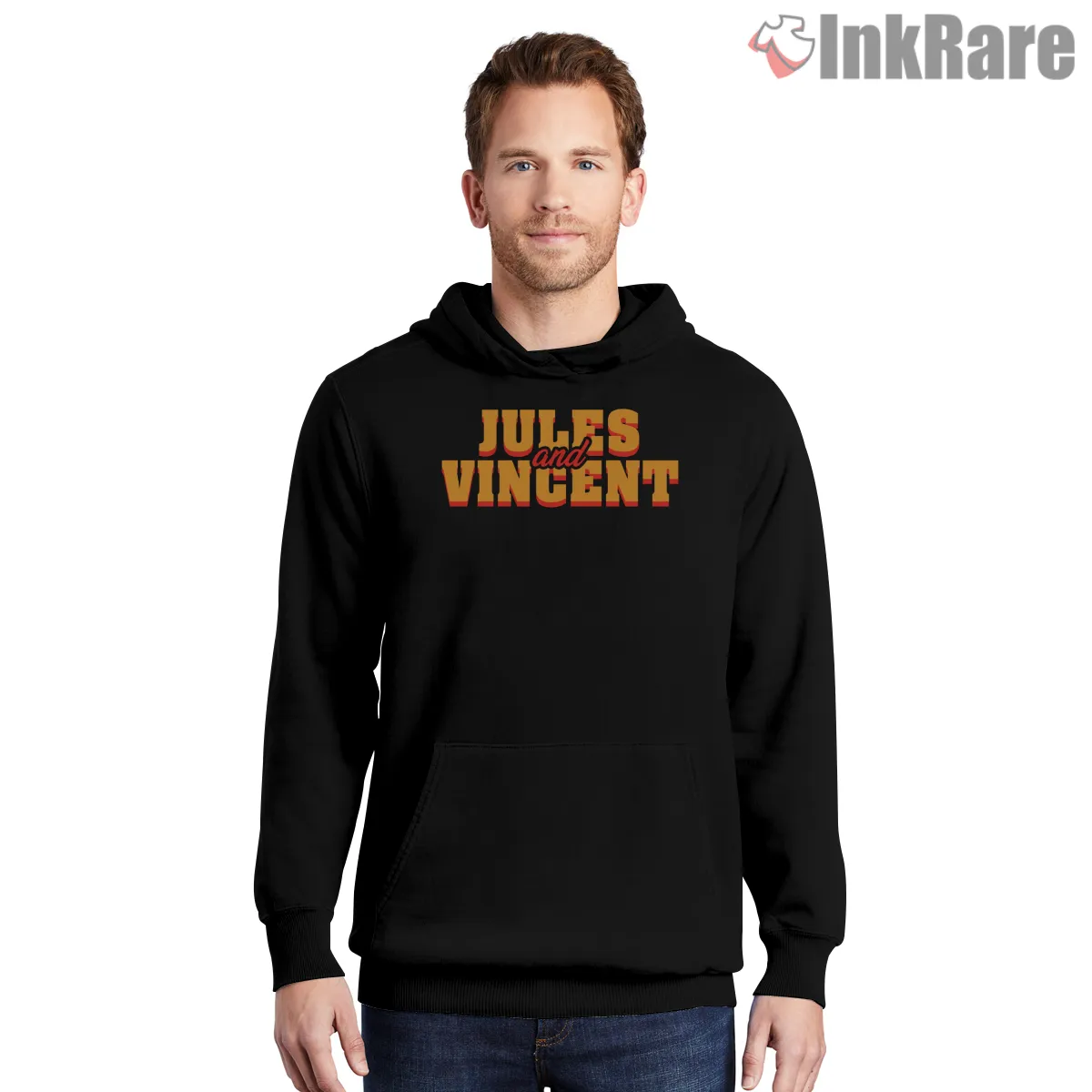 Jules And Vincent Bold Text Logo Shirt on black hoodie for men graphic tee